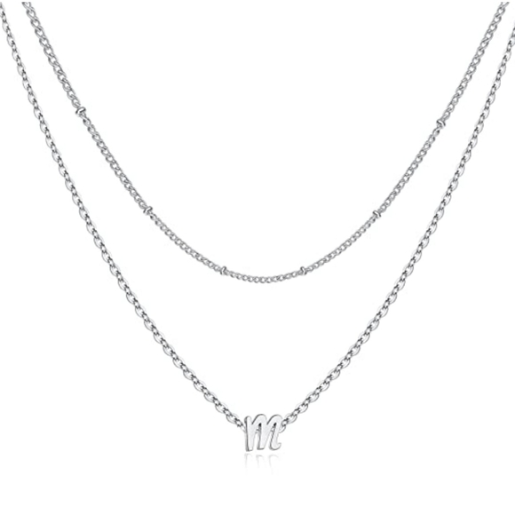 14k White Gold Plated M Initial Necklace Set Gift Box - Picture 1 of 4